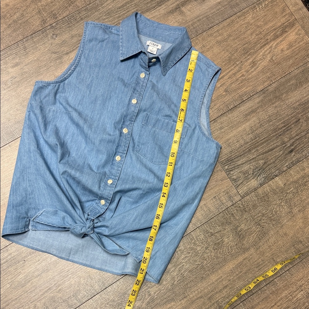 NWOT J. Crew Blue Sleeveless Chambray Tie-Front Button-Up Cotton Top - Picture 8 of 10
